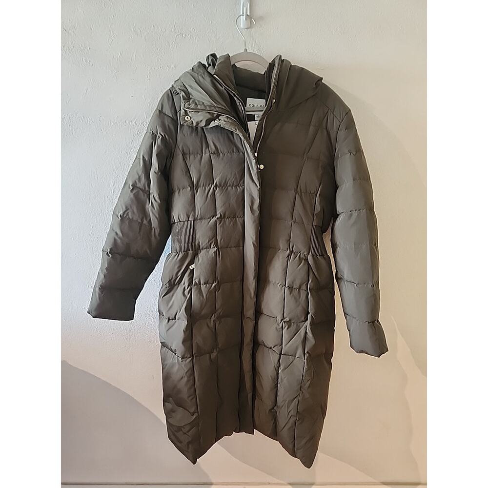Cole Haan Signature Down Hooded Green Long Puffer Coat Size Large Parka Winter
